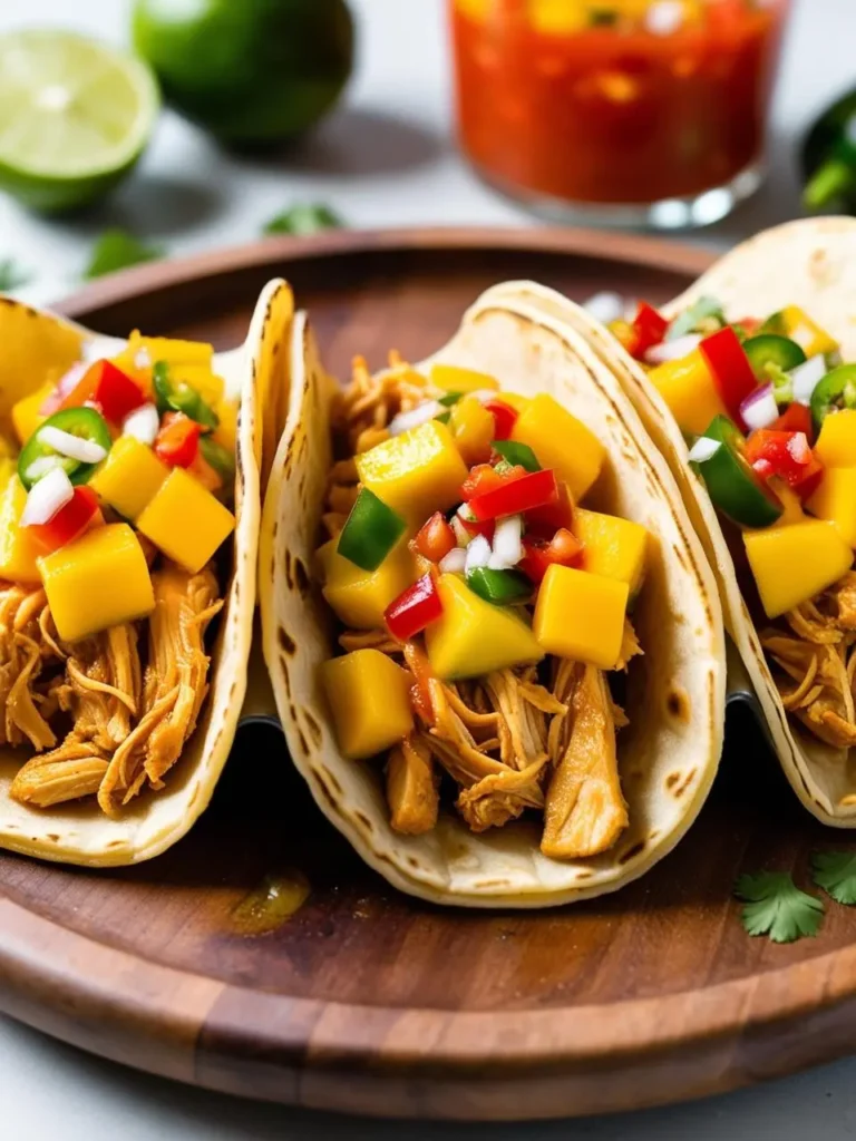 Three soft tortillas filled with shredded chicken and topped with a fresh mango salsa. The tacos are arranged on a wooden plate, ready to be enjoyed.