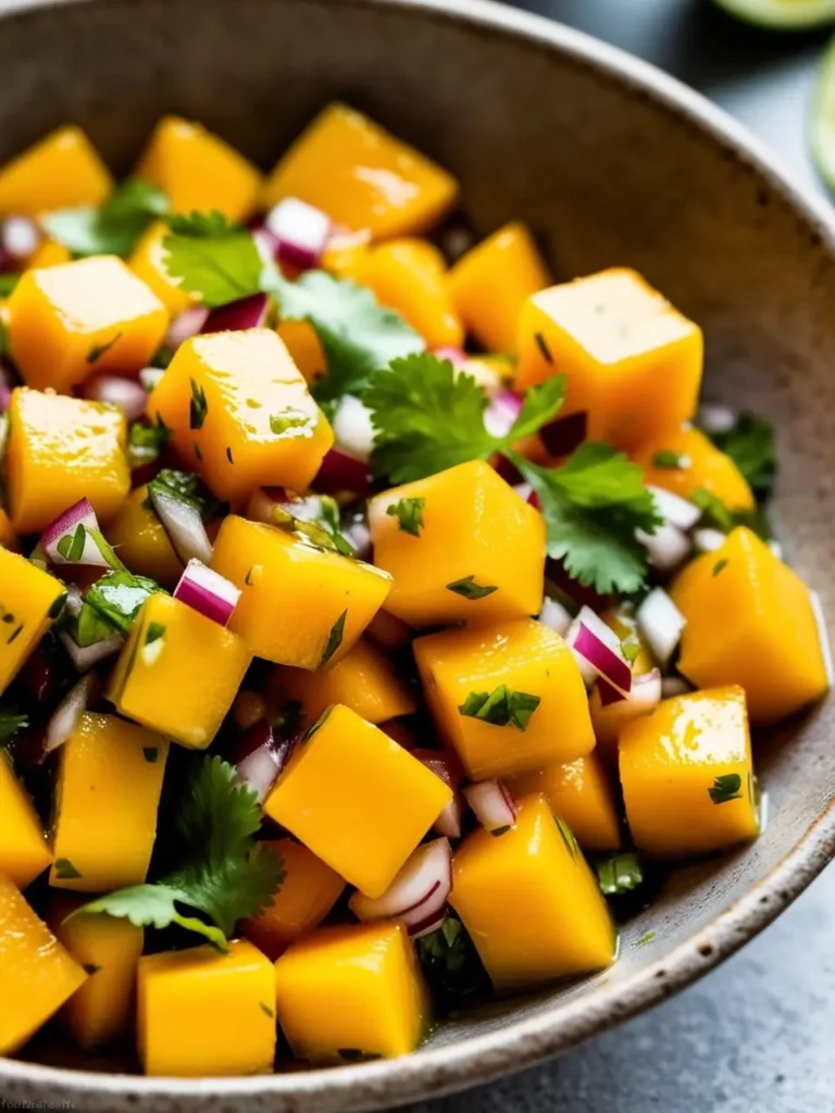 A bowl of vibrant mango salsa, with diced mango, red onion, cilantro, and a squeeze of lime juice. The salsa looks fresh, flavorful, and perfect for topping tacos or serving alongside grilled fish.