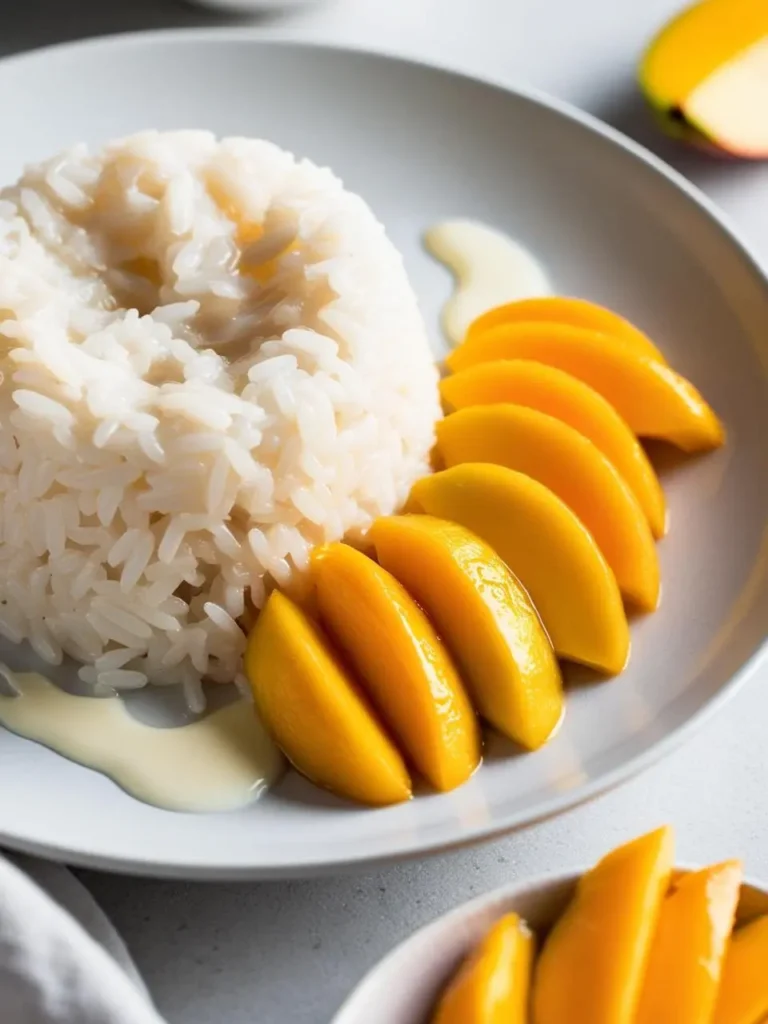 A plate of mango sticky rice, a popular Thai dessert. A mound of sweet, sticky rice is topped with fresh mango slices and drizzled with coconut milk.