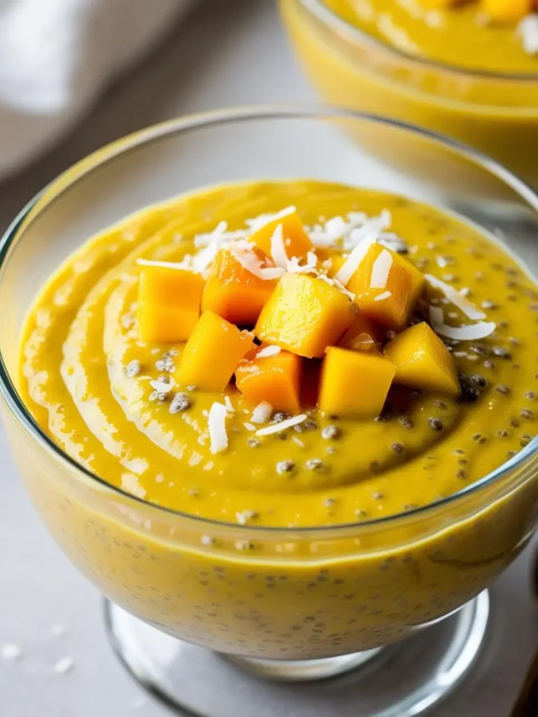 "Glass bowl of vibrant mango turmeric chia pudding, topped with diced fresh mango pieces and sprinkled with shredded coconut. The creamy, golden pudding is dotted with chia seeds and has a smooth texture, making it a refreshing and healthy dessert or breakfast option."