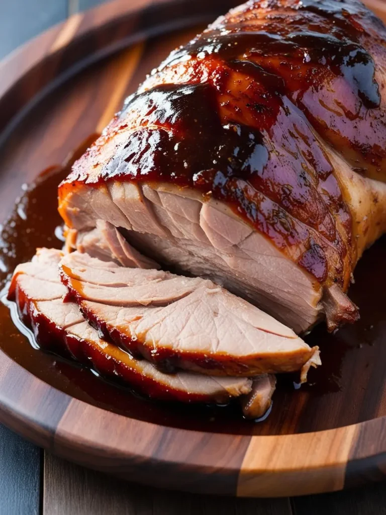 A juicy ham glazed with a sweet and savory sauce, sliced on a wooden platter. The ham looks tender and flavorful, perfect for a holiday meal.