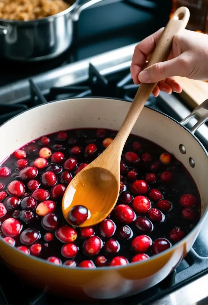 A wooden spoon stirring cranberries, bourbon, and maple syrup in a simmering pot on a stovetop