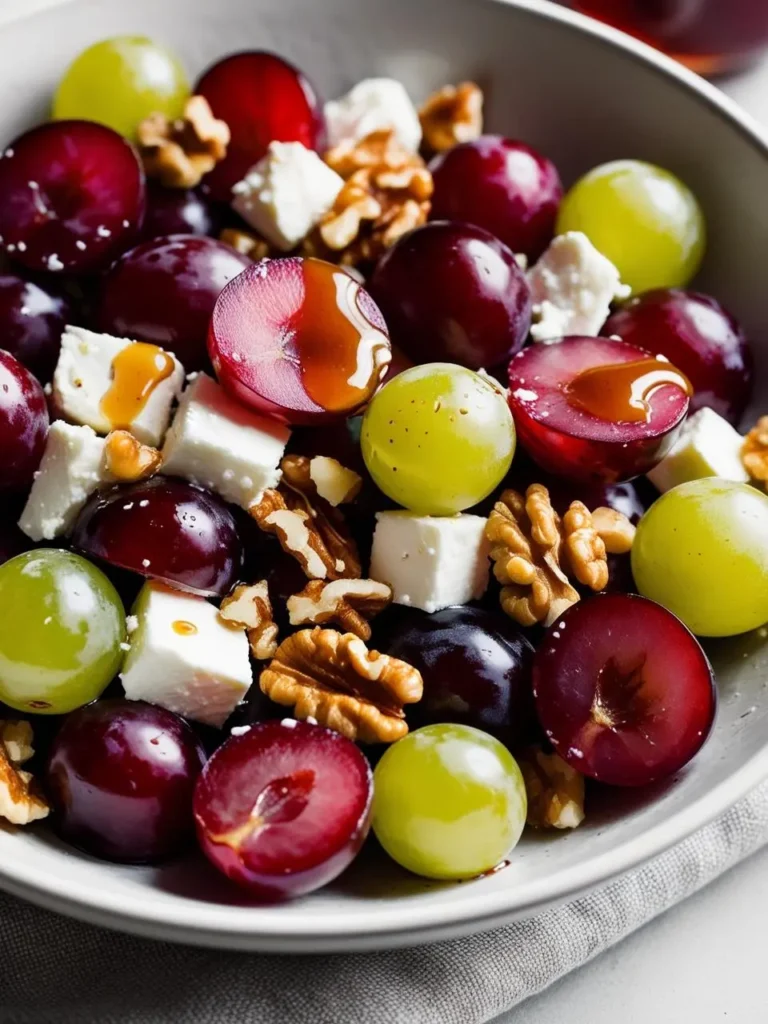 A bowl of grape salad with red and green grapes, feta cheese, walnuts, and a drizzle of honey. The salad looks fresh, colorful, and perfect for a light and healthy meal.