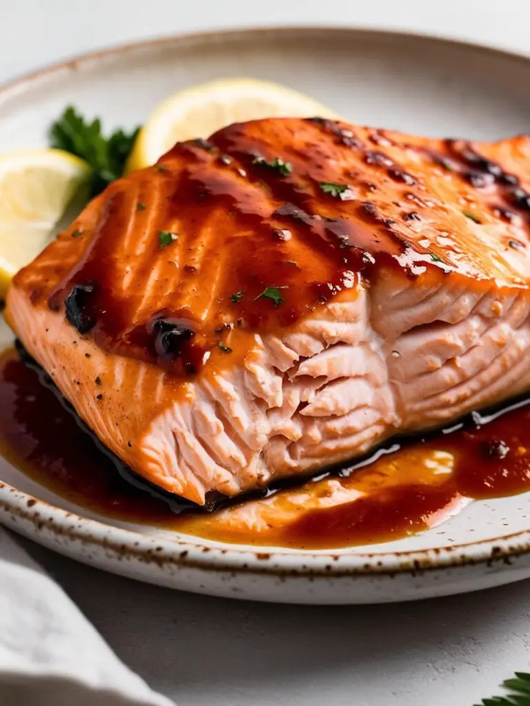 A close-up image of a golden-brown salmon fillet, glazed with a sweet and savory sauce. The salmon is served on a white plate with lemon slices and looks incredibly appetizing.