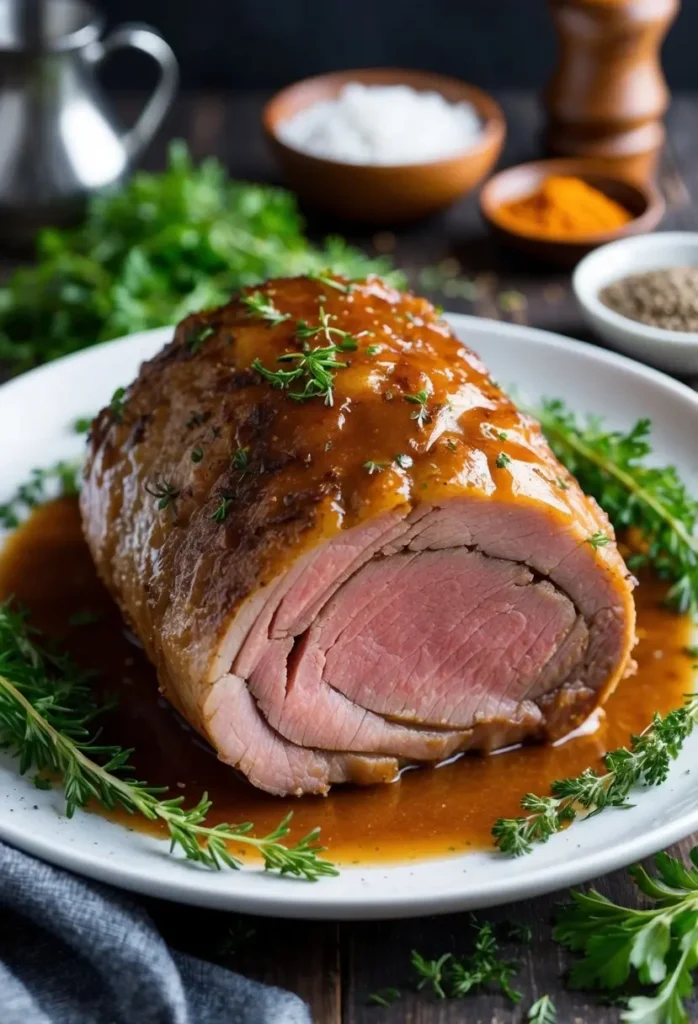 A perfectly roasted rolled pork loin, sliced open to reveal a juicy, pink center. The pork is glazed with a golden brown sauce and garnished with fresh herbs. The dish looks incredibly appetizing and perfect for a special occasion.