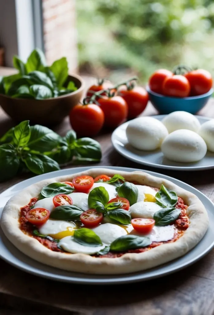 A table set with ingredients for Margherita pizza, including fresh mozzarella, basil, and tomatoes, with a rolled-out pizza dough ready for toppings