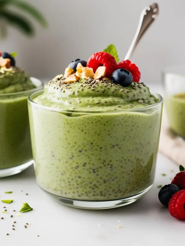 A glass jar filled with matcha green tea chia pudding topped with fresh berries and a sprinkle of chia seeds, set on a table