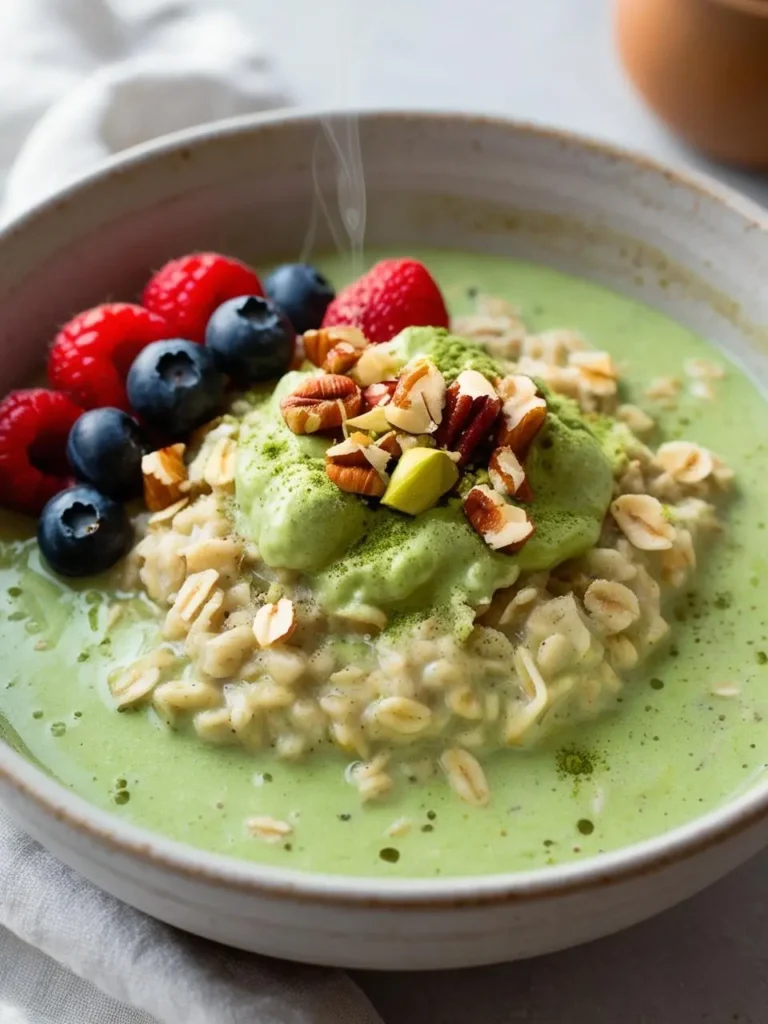 A bowl of matcha green tea oatmeal surrounded by ingredients and a recipe book