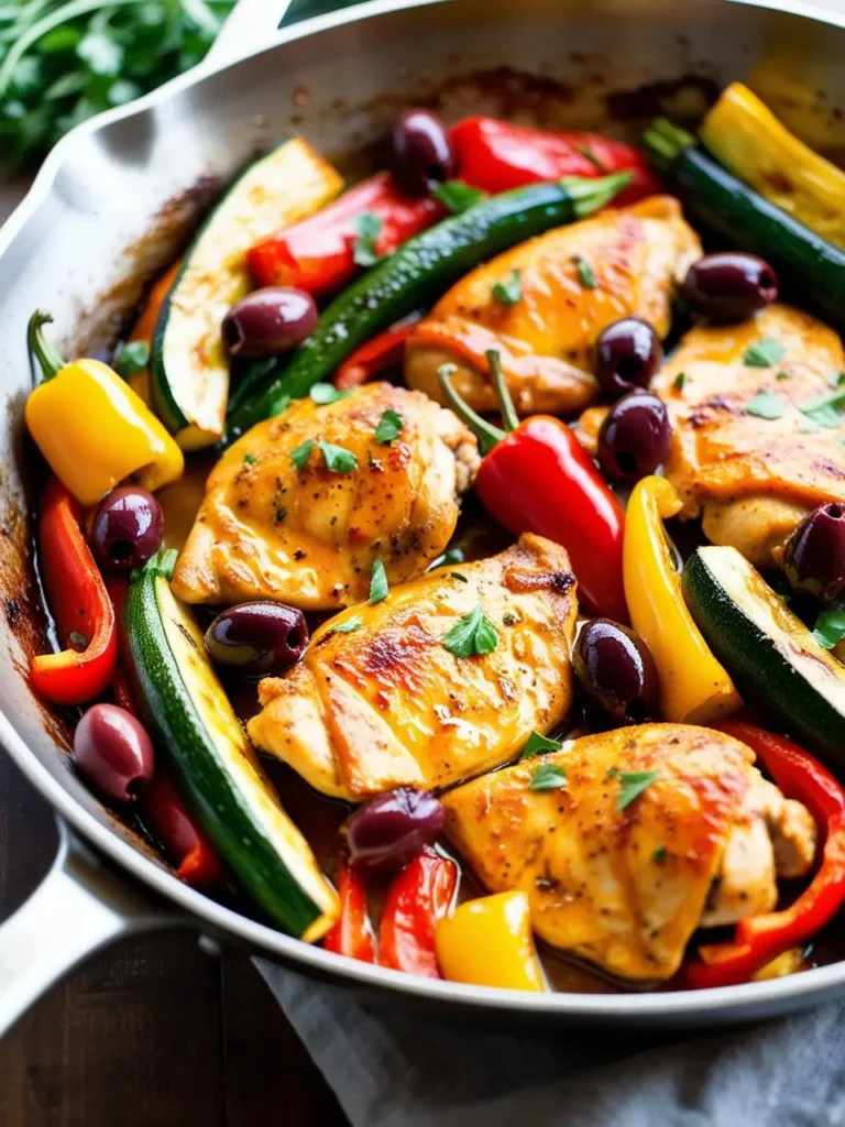 A skillet filled with roasted chicken thighs, bell peppers, zucchini, olives, and herbs.