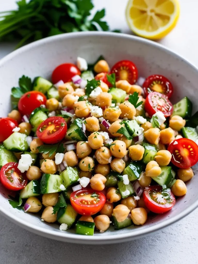 A bowl of colorful chickpea salad with chopped cucumbers, tomatoes, red onion, feta cheese, and fresh parsley. The salad looks vibrant and refreshing, perfect for a light and healthy meal.