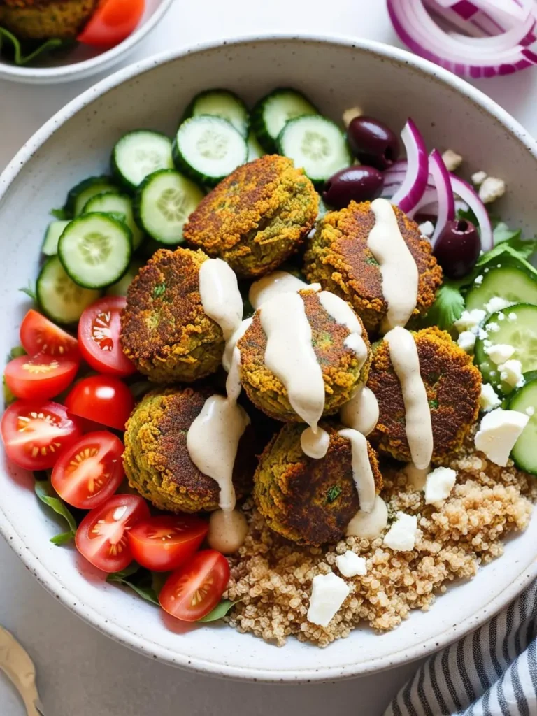 A vibrant falafel bowl with crispy falafel patties, fresh tomatoes, cucumbers, red onions, crumbled feta cheese, and a drizzle of creamy tahini sauce. The bowl sits on a bed of fluffy quinoa, making it a healthy and satisfying meal.