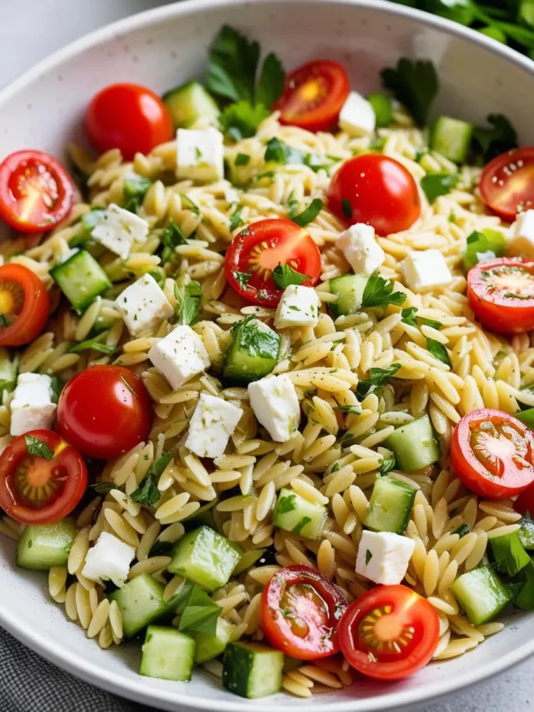 A bowl of orzo pasta salad with cherry tomatoes, cucumbers, feta cheese, and fresh herbs. The salad looks light, refreshing, and perfect for a summer meal.