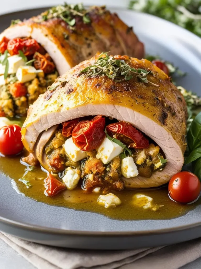 A stuffed pork loin with feta cheese, tomatoes, and herbs.