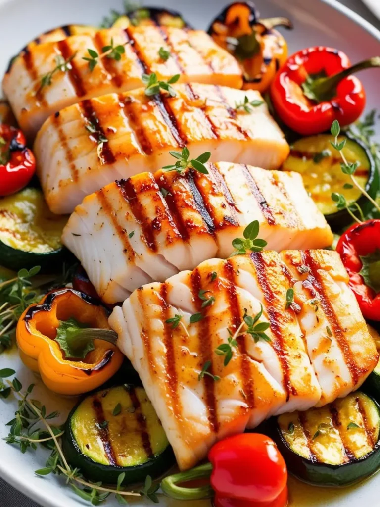 Three grilled cod fillets served on a white plate with grilled zucchini and bell peppers. The fish is cooked to perfection and has beautiful grill marks. The image is garnished with fresh thyme sprigs.