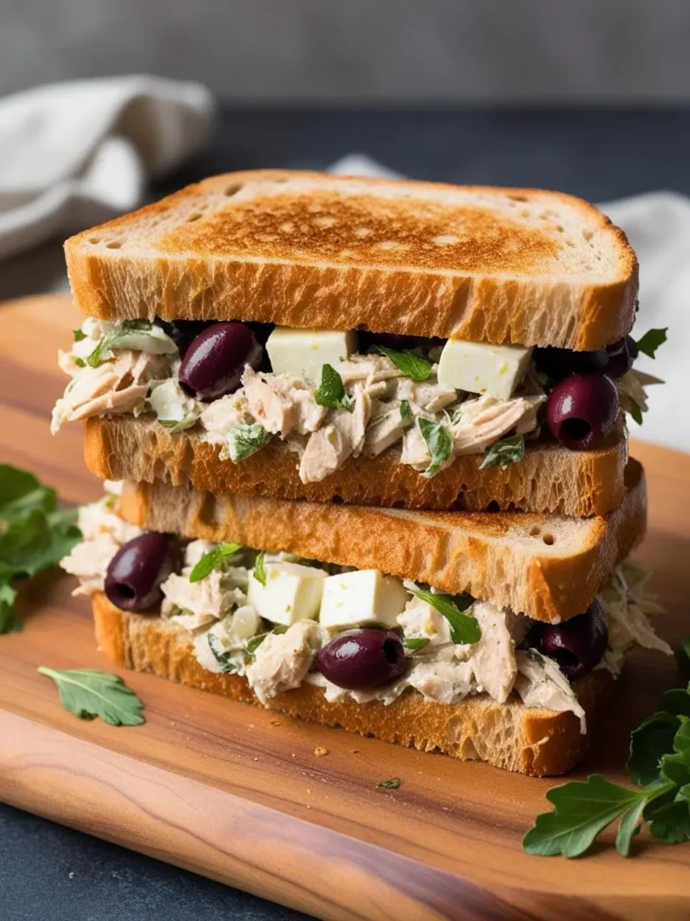 Stacked Mediterranean tuna melt sandwich with feta cheese and olives on a wooden board