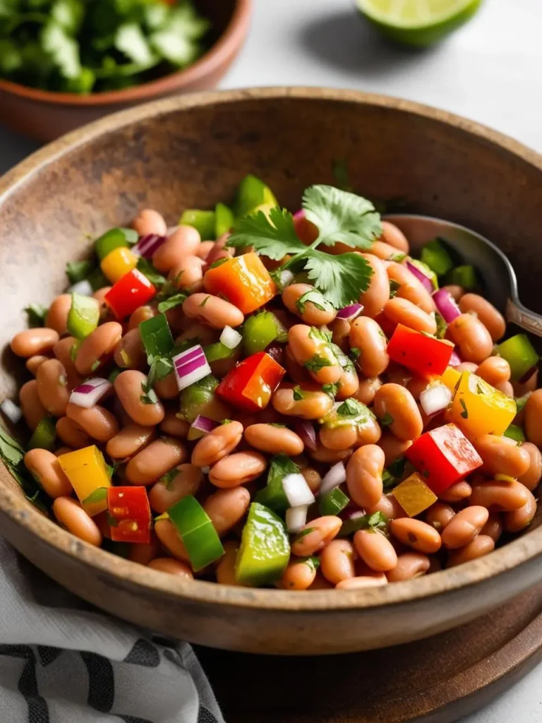 A colorful bowl of Mexican pinto bean salad with ingredients like tomatoes, cilantro, and avocado