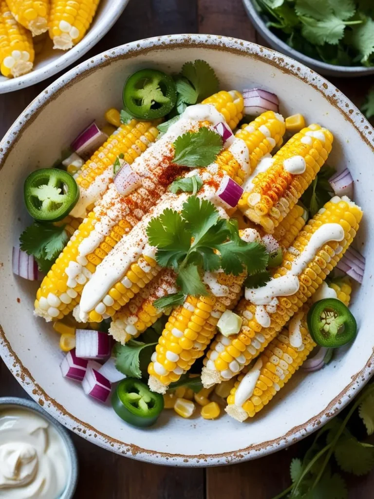 A vibrant bowl of Mexican street corn salad featuring juicy corn on the cob pieces topped with a drizzle of creamy sauce, garnished with fresh cilantro, jalapeño slices, and red onion chunks. The corn is lightly dusted with chili powder, adding a touch of spice, while the surrounding elements include bowls of extra ingredients like cilantro leaves and sour cream, giving the dish an inviting and festive appearance.