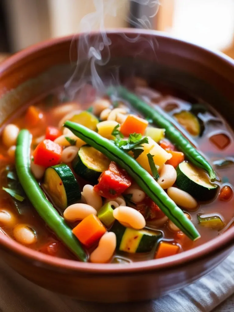 A bowl of minestrone soup with zucchini, green beans, diced tomatoes