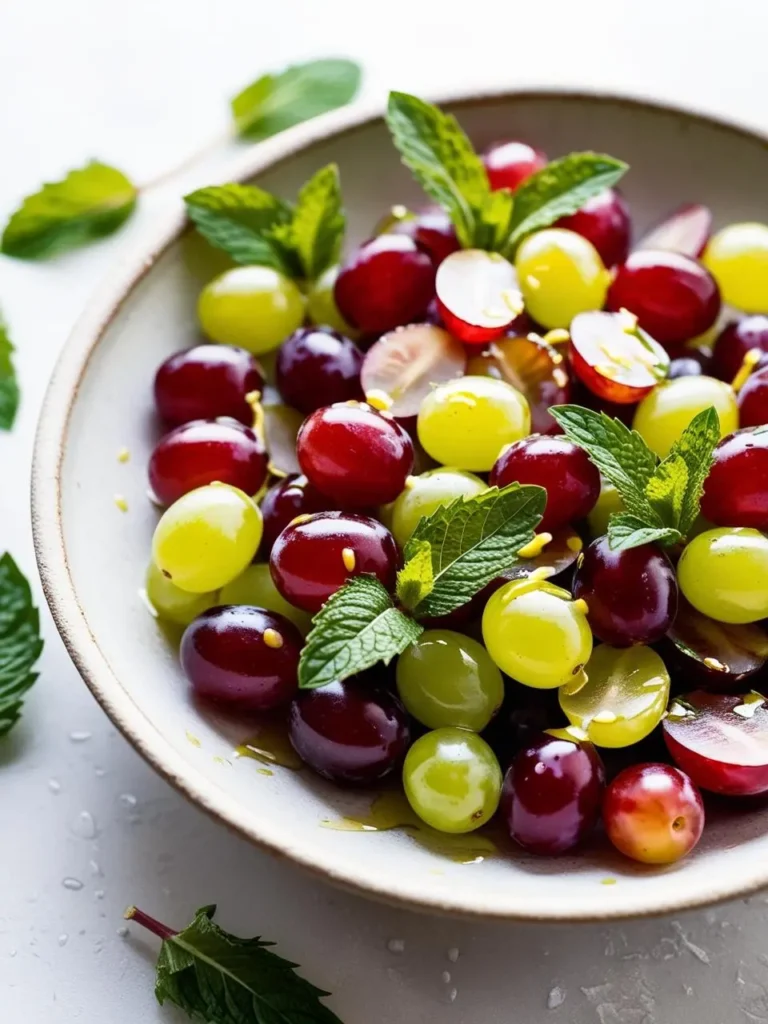 A bowl of fresh grapes, drizzled with honey and lemon juice, and garnished with fresh mint leaves. The grapes are a mix of red and green, and the dish looks light, refreshing, and perfect for a summer dessert or snack.