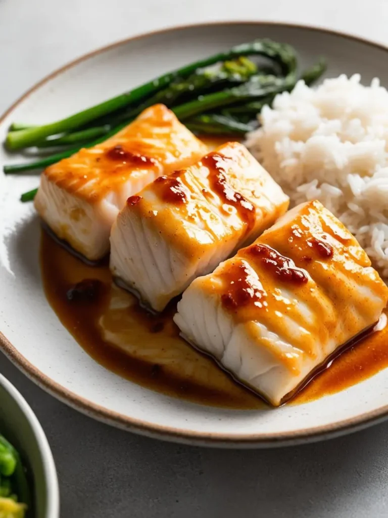 A plate featuring miso-glazed halibut fillets served with a side of steamed white rice and tender green vegetables. The halibut has a glossy, golden-brown miso glaze, adding a rich depth of flavor to the dish, presented on a simple white plate with a brown rim.