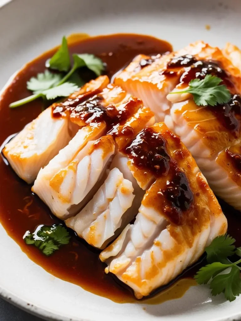 A close-up of a beautifully plated miso-glazed sea bass fillet, cut into tender, perfectly cooked pieces with a rich, golden-brown glaze drizzled over the top. The dish is garnished with fresh cilantro leaves and surrounded by a pool of savory sauce, creating an appetizing and elegant presentation.