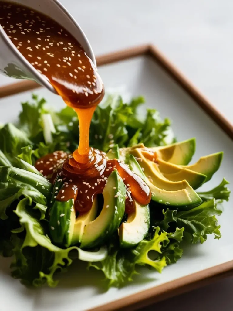 A plate of sliced avocado on a bed of lettuce is being drizzled with a thick, dark brown sauce. Sesame seeds are sprinkled on top of the sauce.