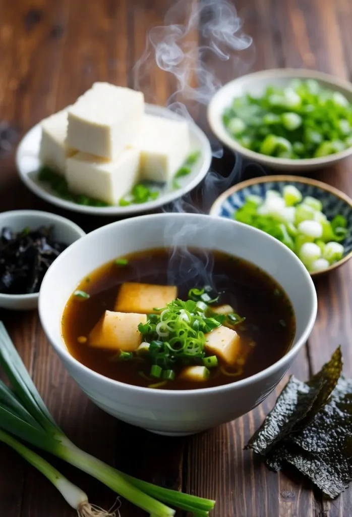 A bowl of steaming miso soup surrounded by a few simple ingredients like tofu, seaweed, and green onions on a wooden table