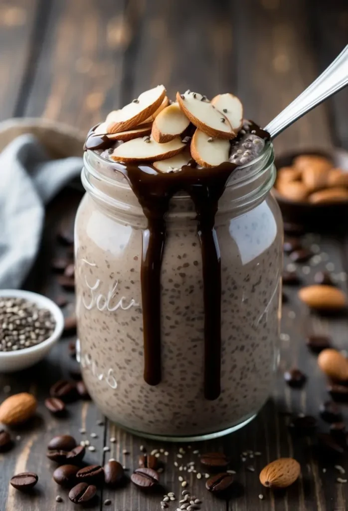 A glass jar filled with mocha chia pudding topped with sliced almonds and a drizzle of chocolate sauce, surrounded by scattered chia seeds and coffee beans