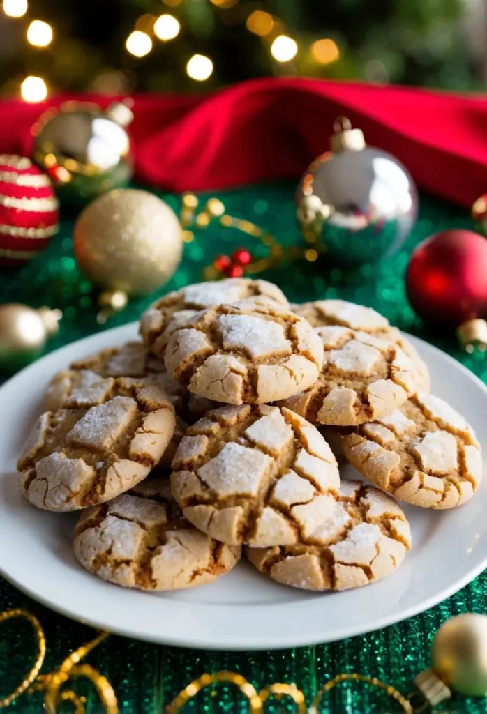 A plate of molasses crinkle cookies surrounded by festive holiday decorations