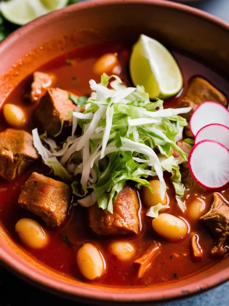 A bowl of pozole, a traditional Mexican soup made with pork, hominy, and a rich, flavorful broth. The soup is topped with shredded cabbage, radishes, and a lime wedge, adding a touch of freshness and color.