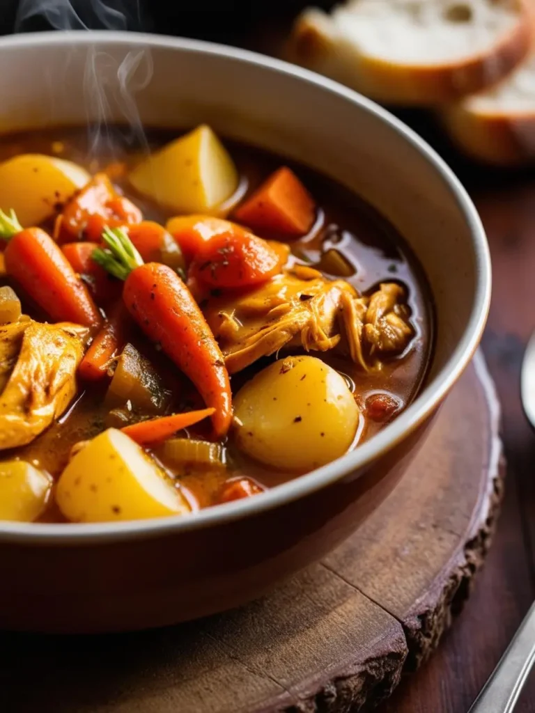 Warm bowl of Moroccan-inspired chicken stew with tender chunks of chicken, baby carrots, potatoes, and celery in a spiced broth. Perfect for cozy, flavorful meals, garnished with herbs and paired with rustic bread