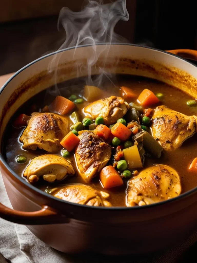 A steaming pot of Moroccan chicken stew with spices and vegetables