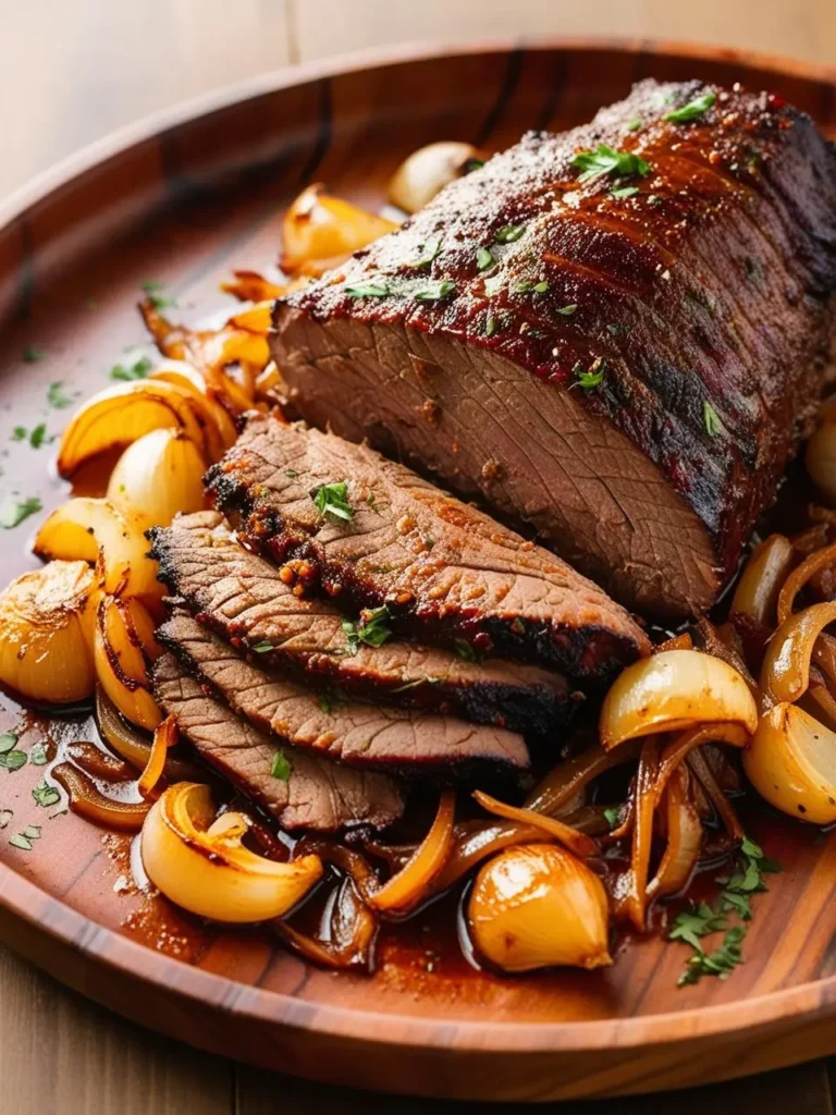 A sliced roast beef on a wooden platter with caramelized onions.