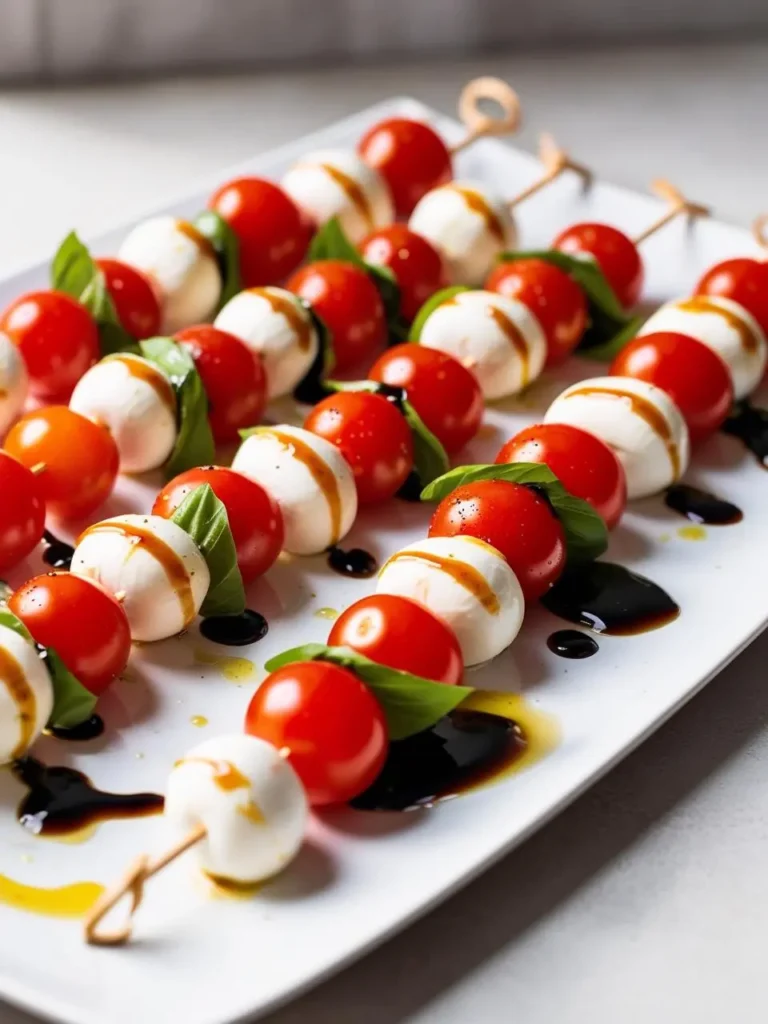 A wooden cutting board with mozzarella and tomato skewers arranged in a neat row, surrounded by fresh basil leaves and a drizzle of balsamic glaze