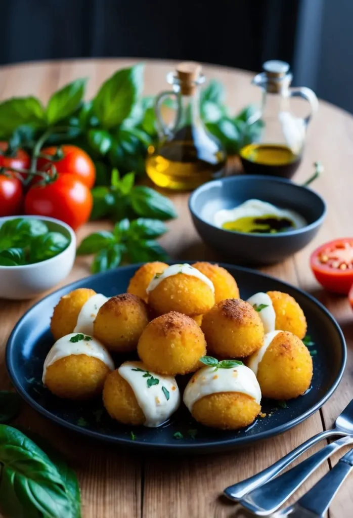 A table set with a platter of golden brown mozzarella arancini surrounded by fresh ingredients like tomatoes, basil, and olive oil