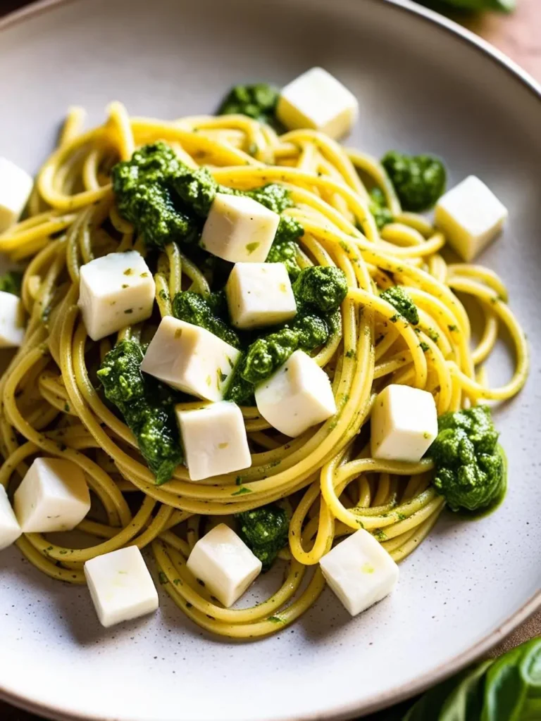 Plate of spaghetti pasta tossed with vibrant green basil pesto, topped with small cubes of fresh mozzarella cheese. The creamy mozzarella and aromatic pesto create a visually appealing and flavorful Italian-inspired dish