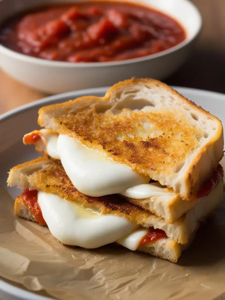 Golden-brown mozzarella sandwich with melted cheese oozing out, served on a plate with a side of marinara sauce for dipping. The crispy bread contrasts with the creamy mozzarella, creating a warm, comforting Italian-inspired dish