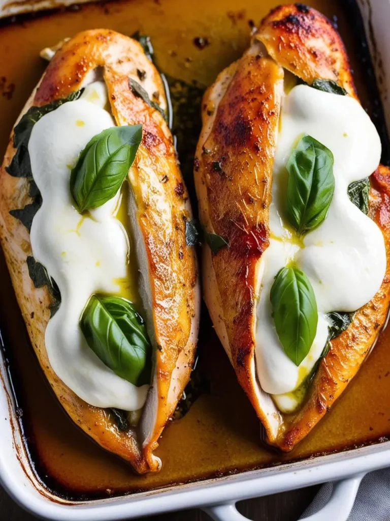 A golden-brown chicken breast oozing with melted mozzarella cheese, surrounded by fresh herbs and vibrant cherry tomatoes