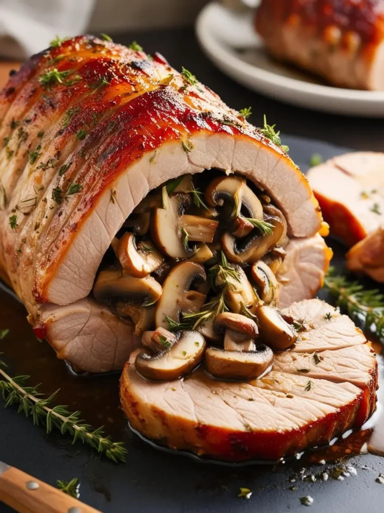 A sliced pork tenderloin stuffed with mushrooms and herbs.