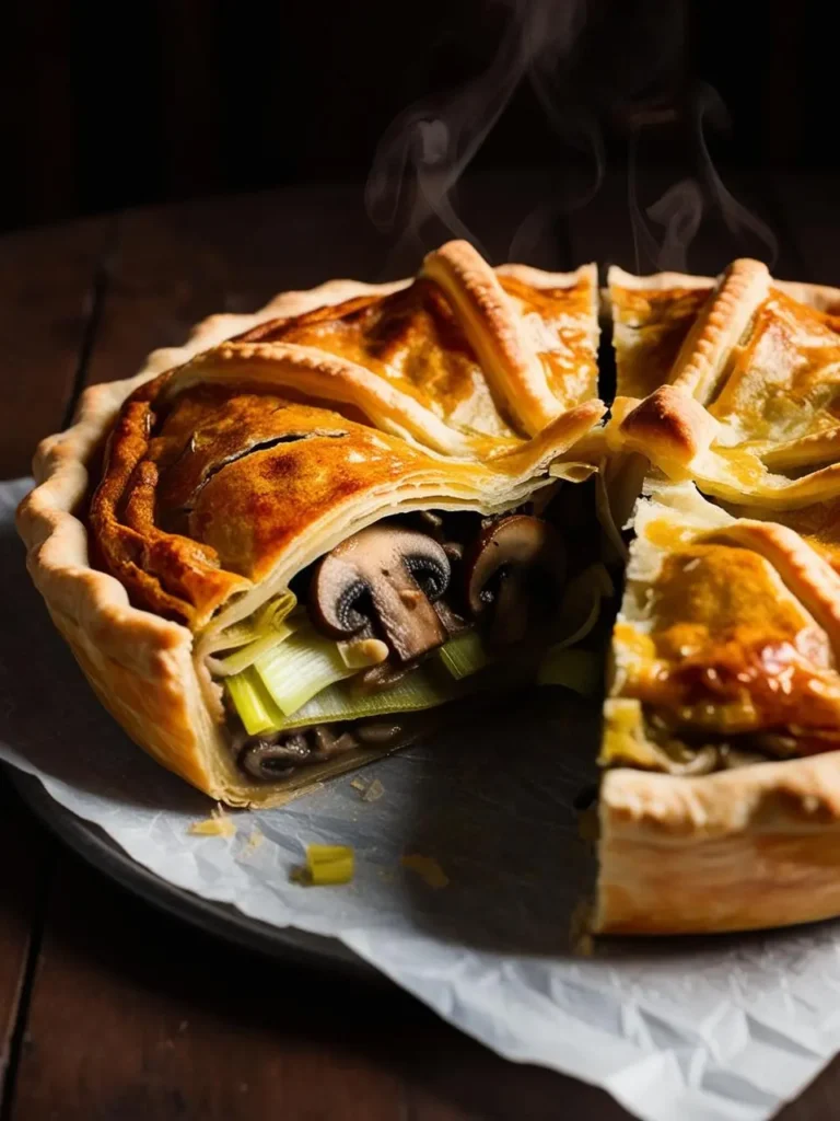 A steaming hot mushroom pie with a flaky crust, filled with a creamy mushroom filling and topped with a lattice crust.