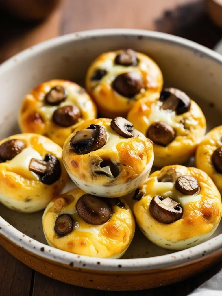 A platter of Mushroom and Swiss Egg Bites, surrounded by fresh herbs and colorful vegetables, sits on a rustic wooden table