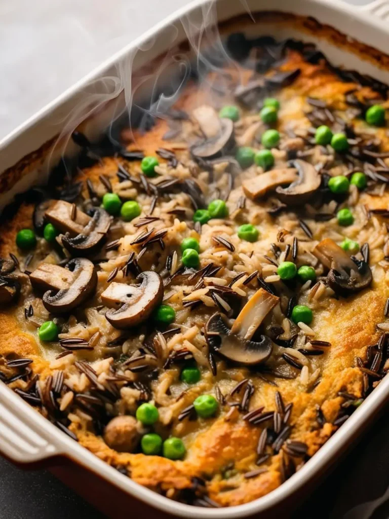 A steaming casserole dish filled with mushroom and wild rice