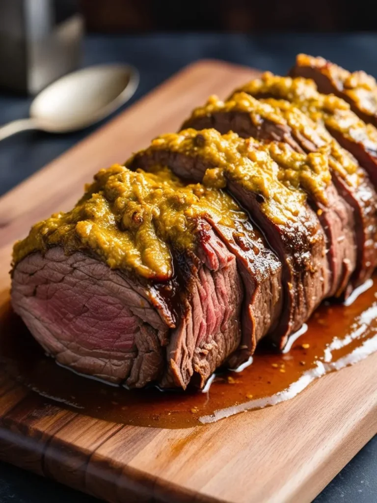 A perfectly cooked sirloin tip roast, sliced and served on a wooden board. The roast is topped with a creamy mustard sauce and looks incredibly appetizing.