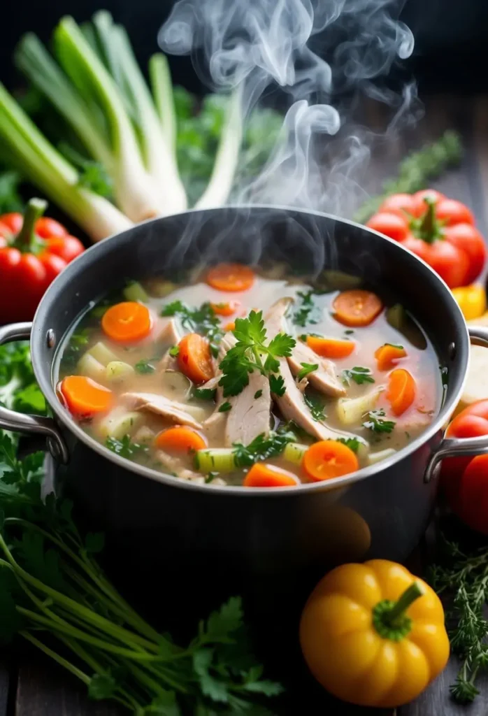 A steaming pot of turkey soup surrounded by fresh vegetables and herbs, emitting a savory aroma