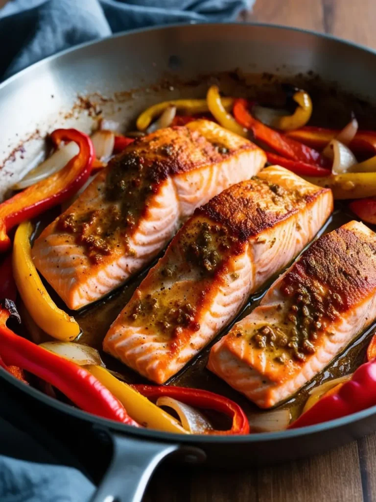 Three golden-brown salmon fillets are nestled in a skillet with colorful bell peppers and onions. The salmon is glazed with a flavorful sauce and looks incredibly appetizing.