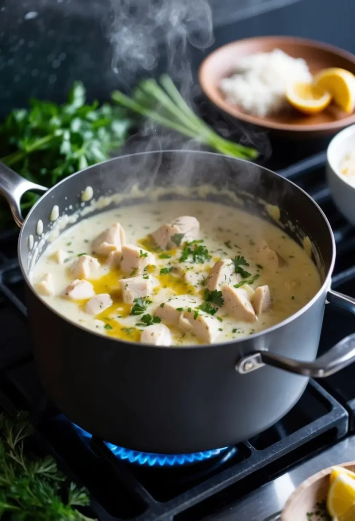 A steaming pot of creamy chicken alfredo simmering on a stovetop, surrounded by fresh herbs and spices