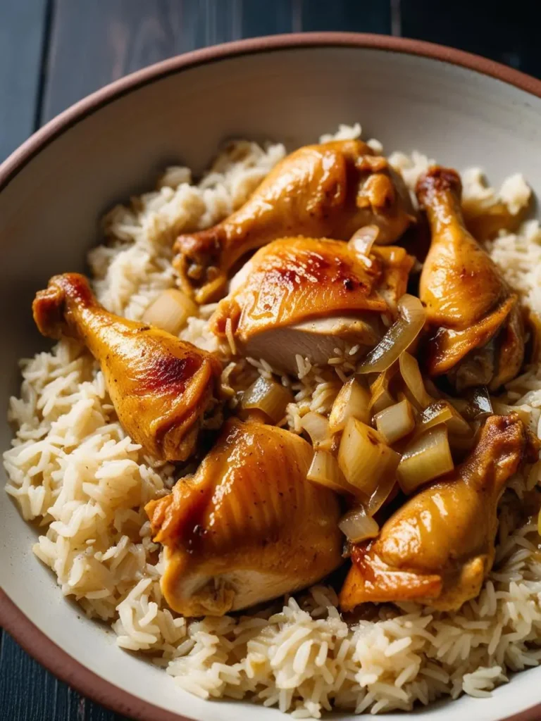 A plate of golden-brown roasted chicken thighs served over a bed of fluffy white rice. The chicken is seasoned with herbs and spices and has a crispy skin. The dish looks incredibly appetizing and perfect for a comforting meal.