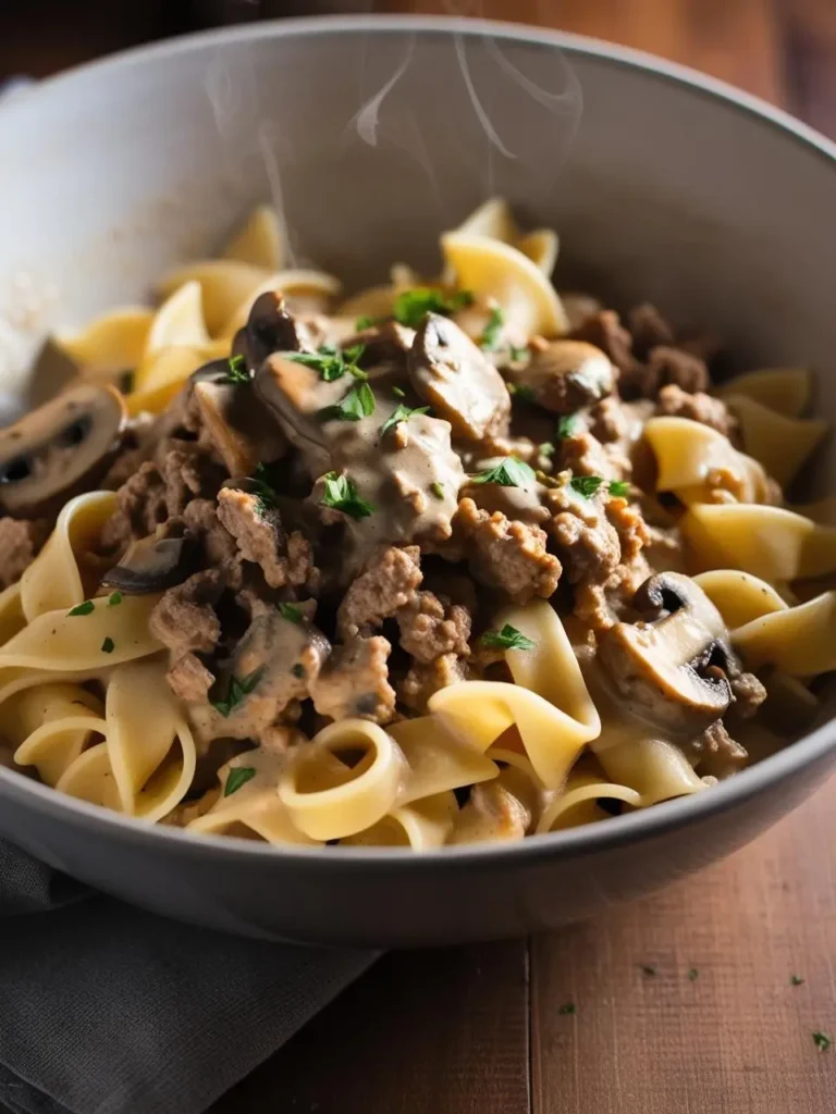 A steaming bowl of egg noodles topped with a creamy mushroom sauce and ground beef. The dish is garnished with fresh parsley.