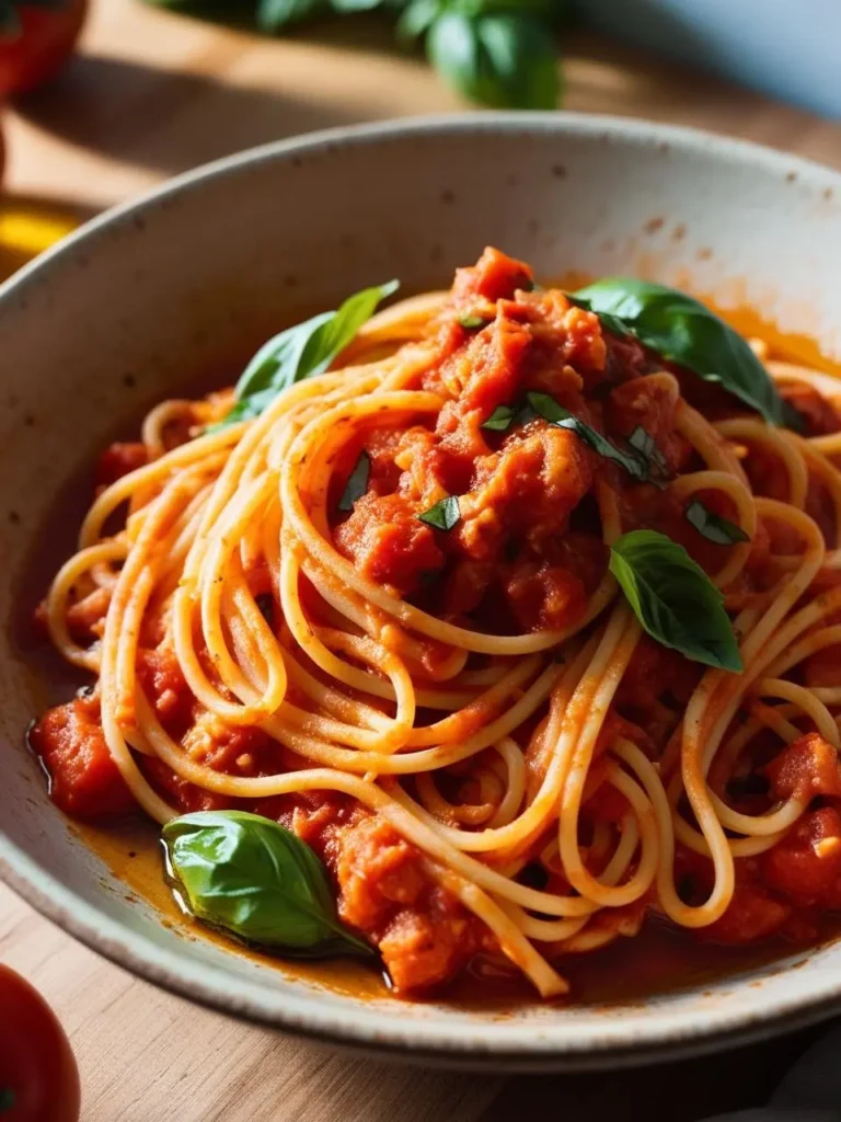 A plate of spaghetti pasta topped with a rich tomato sauce and fresh basil. The pasta looks delicious and flavorful, perfect for a quick weeknight meal.