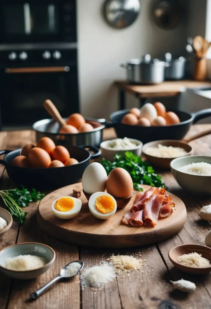 A rustic kitchen with ingredients like eggs, pancetta, and parmesan on a wooden table, surrounded by cookware and utensils